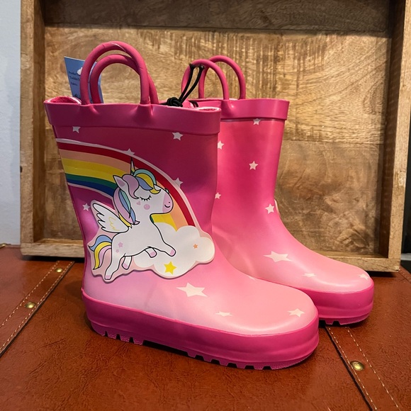 NWT Girls Rainbow Unicorn Rubber Rain Boots, Size 9, Pink, Spring - Picture 2 of 9
